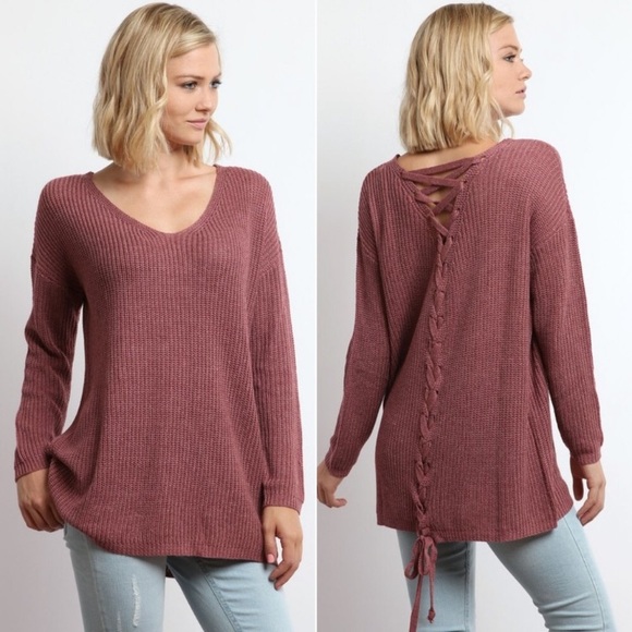 SALE! Mauve Lace Up Back Sweater - Picture 6 of 8